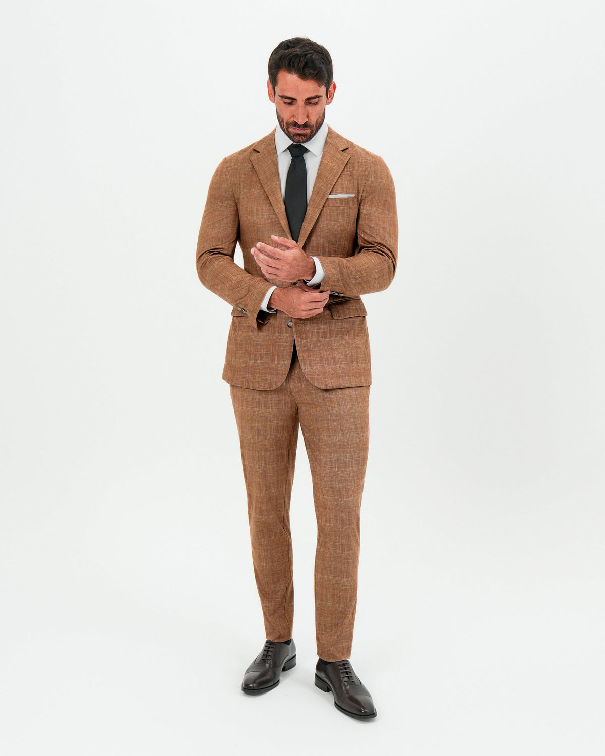 Athletic Fit Stretch Pants - Light Brown Crosshatch | State & Liberty Suits|Bottoms