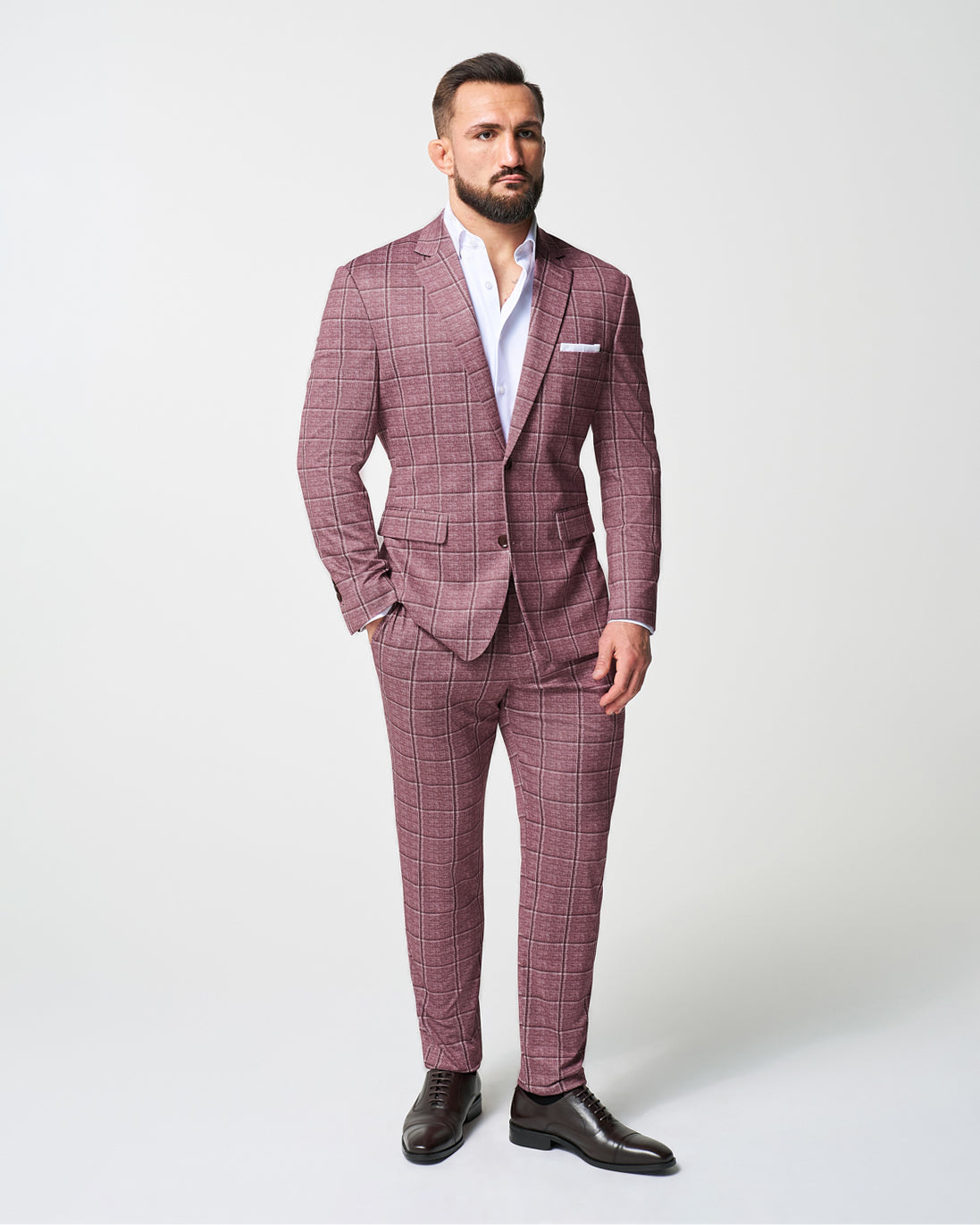 Athletic Fit Stretch Suit - Crimson with Burgundy Big Windowpane | State & Liberty Suits