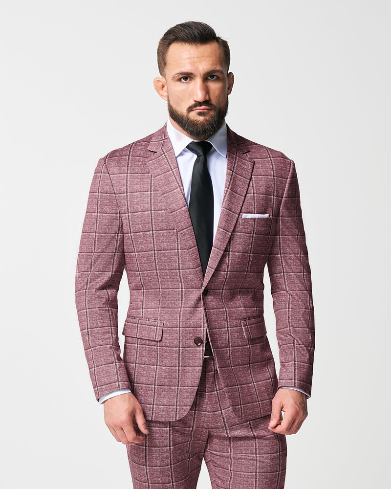Athletic Fit Stretch Suit - Crimson with Burgundy Big Windowpane | State & Liberty Suits