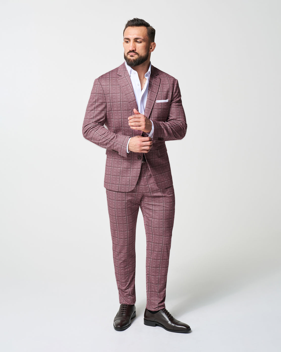 Athletic Fit Stretch Suit - Crimson with Burgundy Big Windowpane | State & Liberty Suits