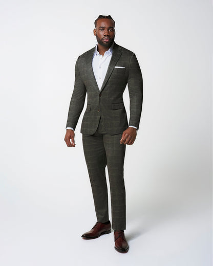 Athletic Fit Stretch Suit - Olive with White Windowpane | State & Liberty Suits
