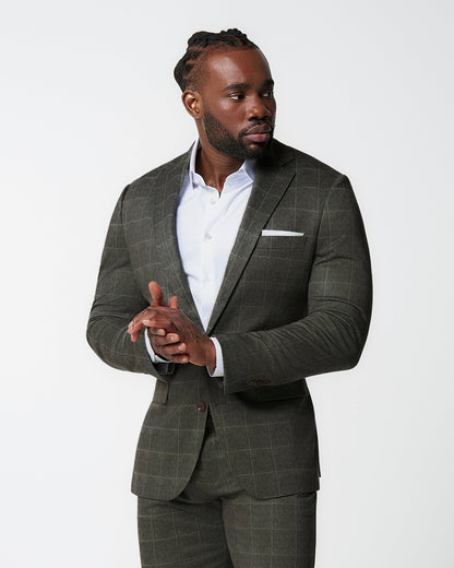 Athletic Fit Stretch Suit - Olive with White Windowpane | State & Liberty Suits