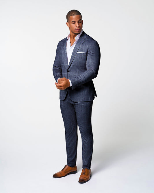 Athletic Fit Stretch Suit - Textured Navy with White Windowpane | State & Liberty Suits