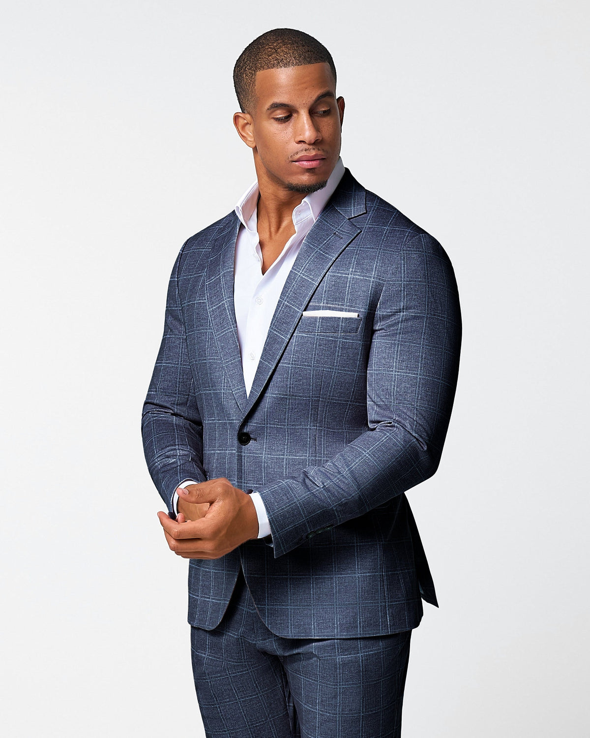 Athletic Fit Stretch Suit - Textured Navy with White Windowpane | State & Liberty Suits