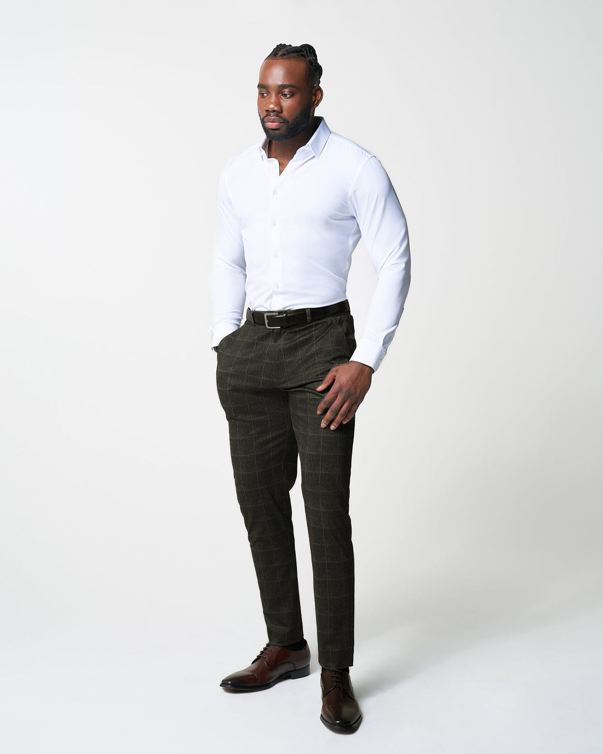 Athletic Fit Stretch Suit Pants - Olive with White Windowpane | State & Liberty Suits|Bottoms