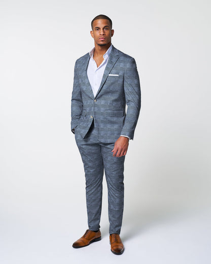 Athletic Fit Stretch Blazer - Knit Light Blue, Navy & White Plaid | State & Liberty Blazers|Suits