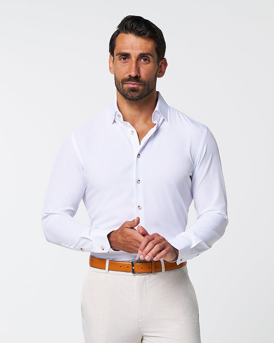 "The Leonardo" Solid White With Tortoise Shell Buttons | State & Liberty Dress Shirts