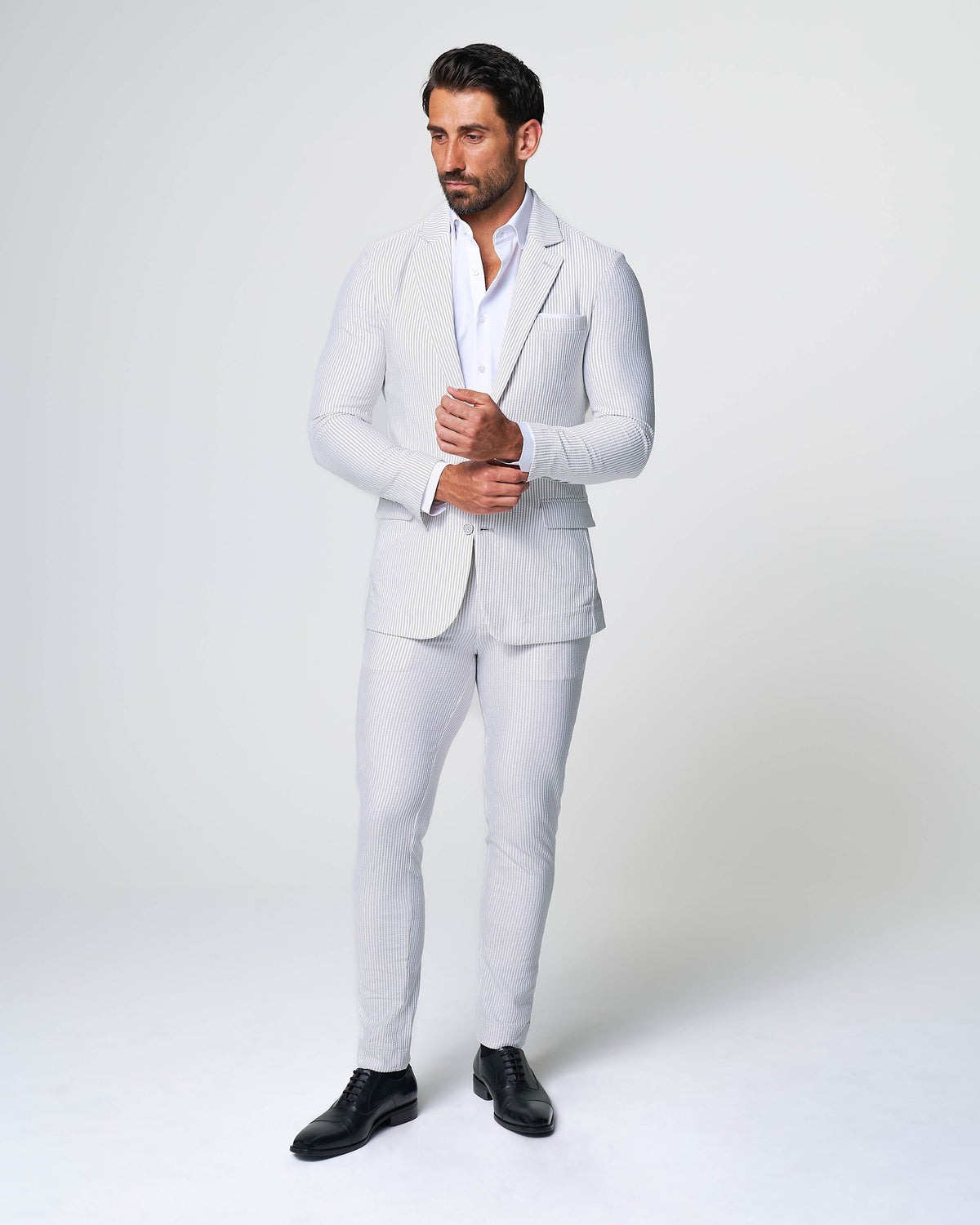 Athletic Fit Stretch Pants - Grey & White Seersucker | State & Liberty Bottoms