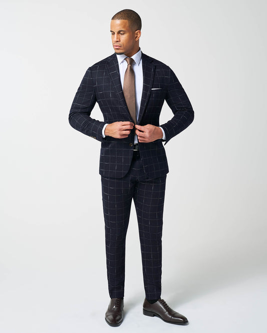 Athletic Fit Stretch Wool Suit - Midnight Navy & Chalk Windowpane | State & Liberty Suits