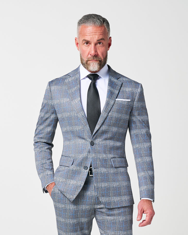 Athletic Fit Stretch Suit - Grey with Blue Plaid | State & Liberty Suits