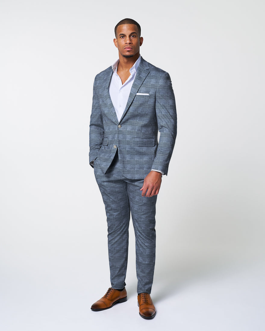 Athletic Fit Stretch Suit - Knit Light Blue, Navy and White Plaid | State & Liberty Suits