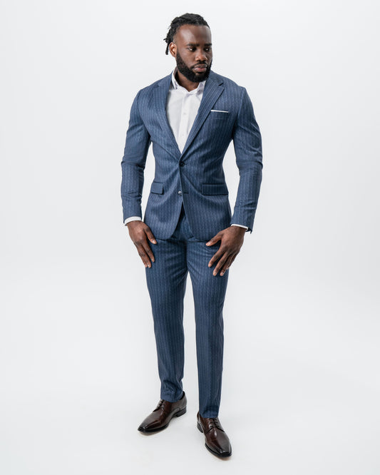 Athletic Fit Stretch Suit - Textured Navy Chalk Stripe | State & Liberty Suits