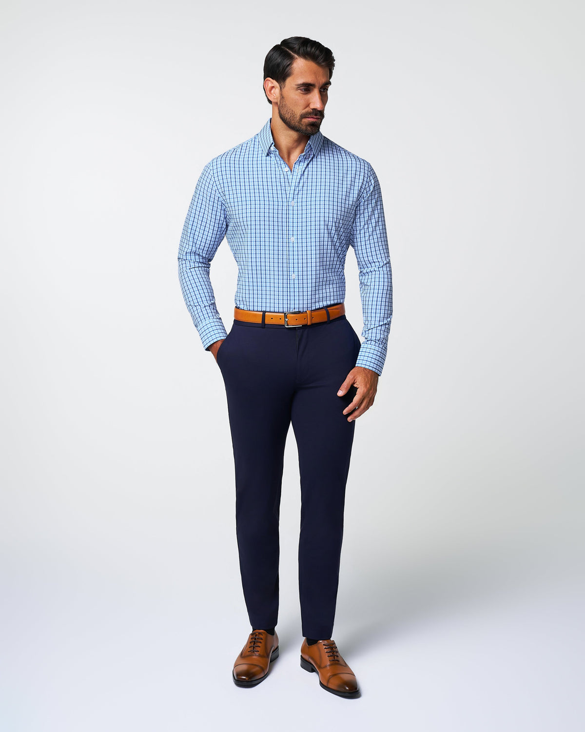 "The Emmett" Light Blue, White & Navy Mid Check | State & Liberty Dress Shirts